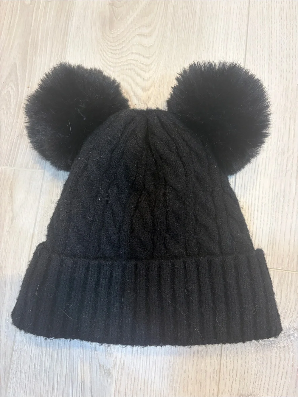 Black Double Pom Pom Kids Knit Beanie -